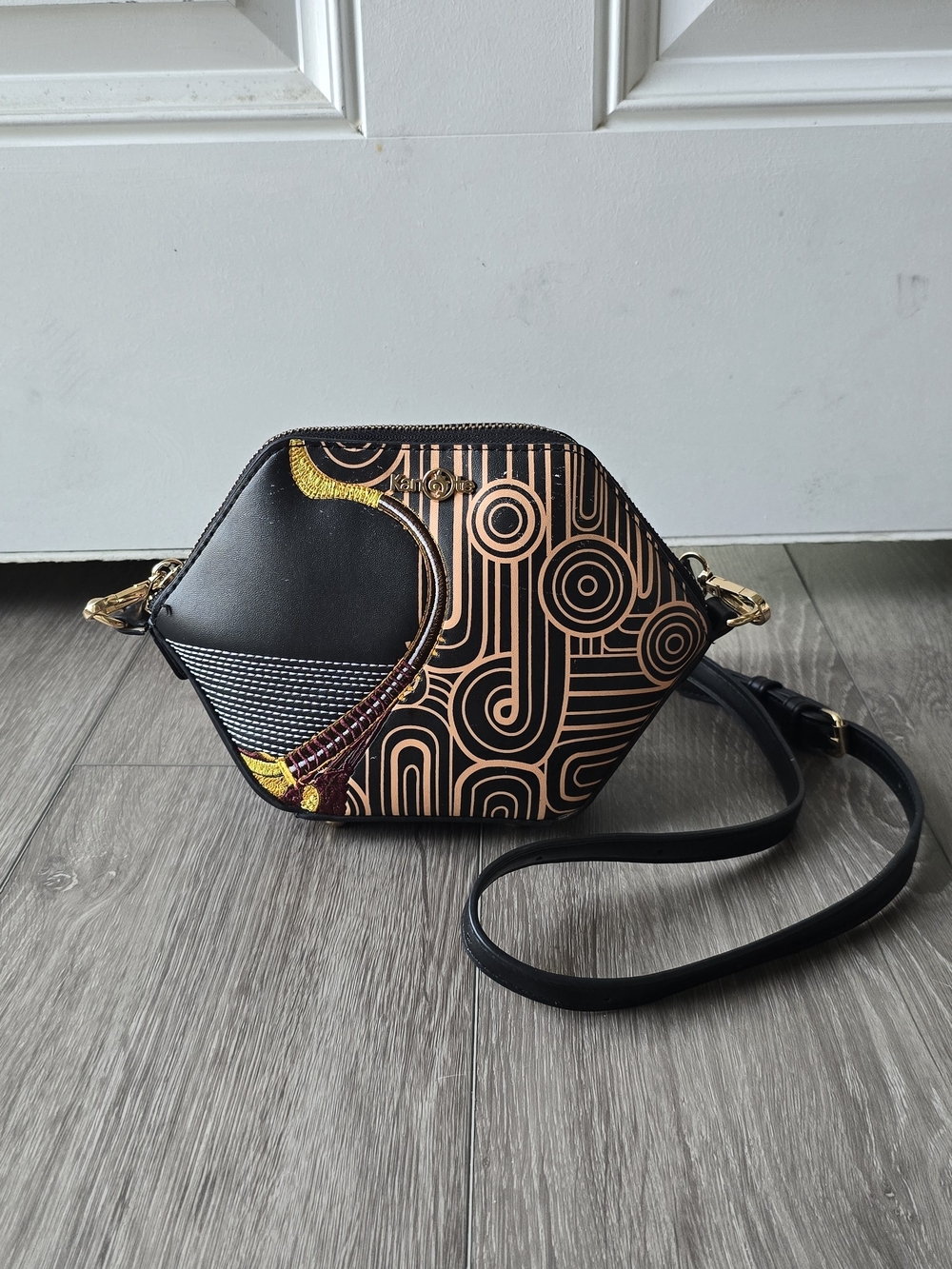 Geometric Embroidered Crossbody Bag Black Gold Abstract Art Mini Purse